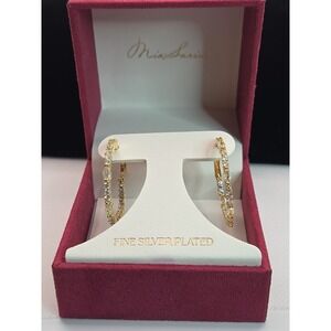 Mia Sarine Fine Sterling Silver Plated Hoop Earrings Clear Champagne Stones Box